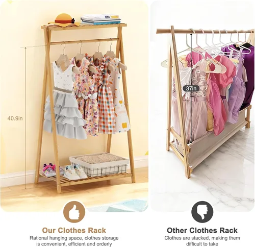 Miniatura 5 de Perchero de bambú para niños, pequeño estante de ropa para niños, estante de vestir para niños con 2 estantes de almacenamiento, perchero portátil