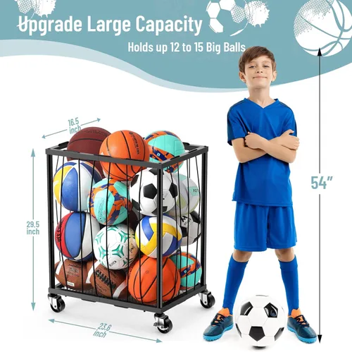 Miniatura 2 de TomCare Estante de almacenamiento rodante para pelotas de garaje, soporte de baloncesto de gran capacidad con cuerda elástica