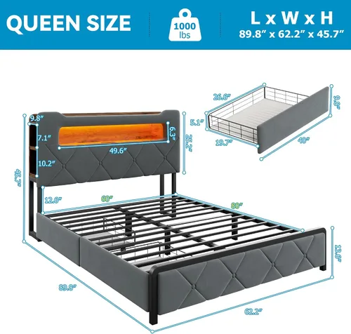 Miniatura 2 de Base de cama LED tapizada tamaño Queen con 2 cajones de almacenamiento y cabecera de almacenamiento de 2 niveles, cama de plataforma de terciopelo