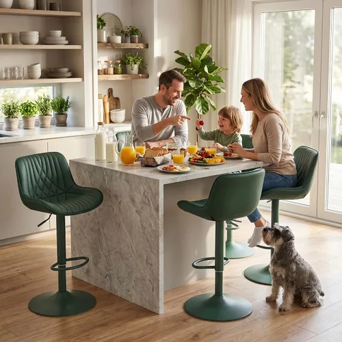 Miniatura 4 de YOUTASTE Juego de 2 taburetes de bar de piel sintética, todos los taburetes de bar tapizados de color verde oscuro con respaldo, silla giratoria