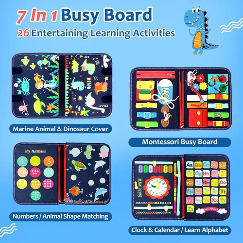 Miniatura 3 de Qizfun Montessori Tablero Ocupado y Libro Ocupado para Niños Pequeños – Juguete Sensorial y de Aprendizaje que Mantiene a los Niños Ocupados