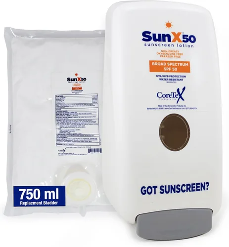 CoreTex Sun X 50 - Dispensador de cámara y montaje en pared de loción de protección solar de 25.4 fl oz, sin parabenos, oxibenzona, octinoxato ni
