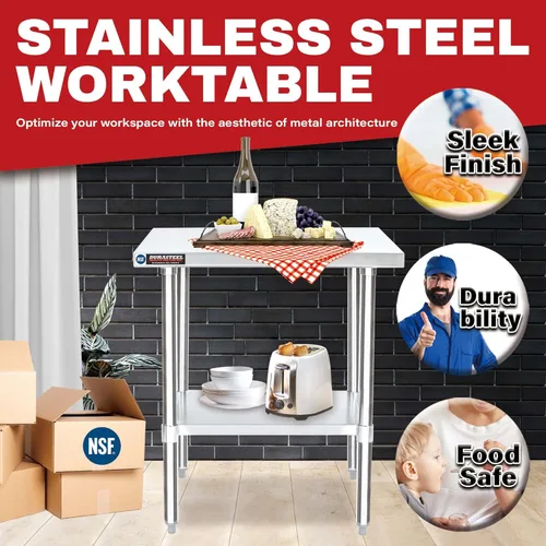 Miniatura 4 de DuraSteel Mesa de trabajo de acero inoxidable de 30 x 36 pulgadas, mesa de metal de preparación comercial NSF, soporte para horno de pizza al aire