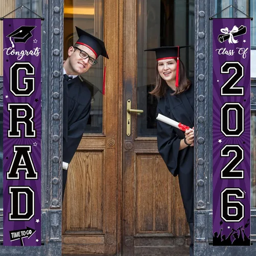 Miniatura 4 de Cartel de graduación 2026, decoraciones de graduación negro y dorado, letrero de porche de clase de 2026, decoración de puerta de felicitaciones