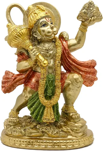 Estatua hindú de Dios Señor Volador Hanuman – Escultura de Ídolo de la India Murti Pooja – Figura con acabado de oro indio para decoración del