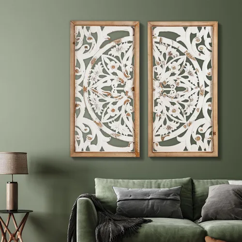 XIAOAIKA Arte de Pared Tallado Boho, Paneles Blancos Envejecidos Antiguos de 31.5 Pulgadas, Escultura Decorativa Tallada a Mano para Sala de Estar y