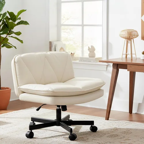Miniatura 9 de DurayLoly Silla Criss Cross con Ruedas, Silla de Oficina con Patas Cruzadas con Cojín de 2 Capas, Asiento Ancho Cómodo, Cuero, Sin Brazos, Sillas