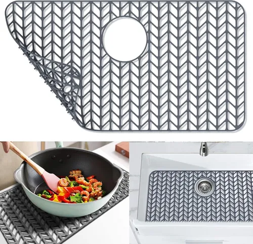Miniatura 20 de Protectores de fregadero de cocina de 12 x 11 y 13 x 11 pulgadas, protectores de silicona para fregadero de cocina para la parte inferior del Gris