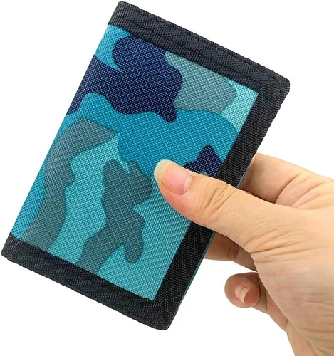 Miniatura 5 de Cartera de lona triple RFID para deportes al aire libre para hombres, lindo monedero con cremallera y bolsillo frontal para niños, color camuflaje