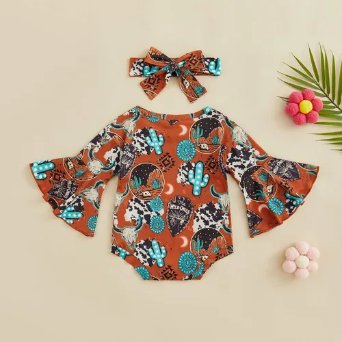 Miniatura 4 de Kayotuas Mameluco de manga acampanada para bebé niña con estampado de vaca floral con diadema para bebé