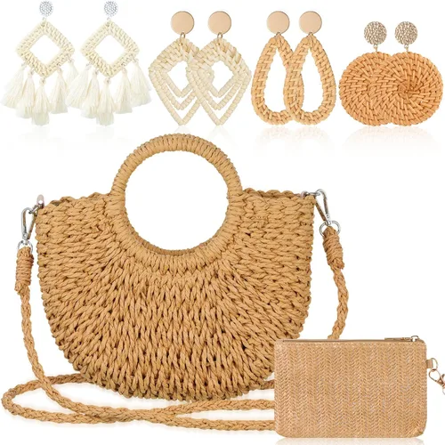 Sweetude Bolso de mano de paja para mujer, juego de aretes de ratán, bolsa de paja de verano, playa, bolso bohemio, cartera tejida para vacaciones