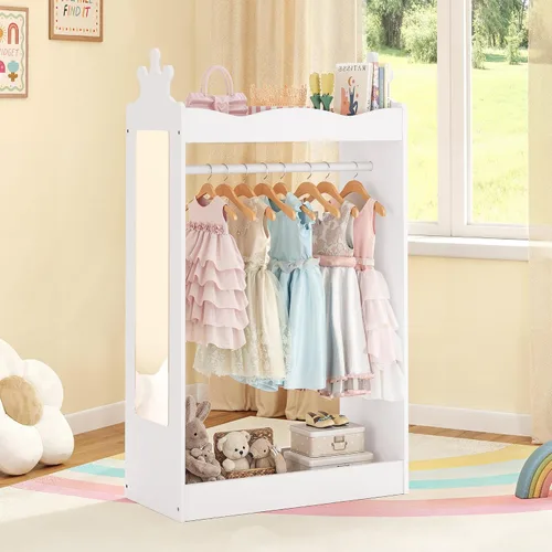 Miniatura 10 de Curipeer Almacenamiento de disfraces para niños con espejo, armario para niños con almacenamiento y 3 ganchos, armario para niños y niñas