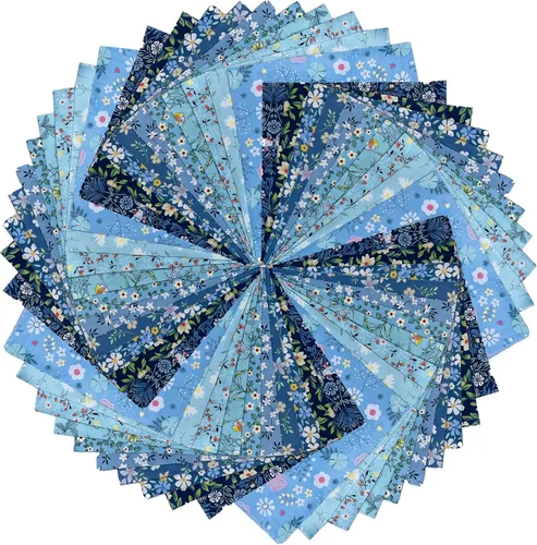 Miniatura 2 de 5" x 5" 50 PIEZAS 100% Algodón Paquetes de Tela Floral Cuadrada para Acolchado, Suministros para Costura DIY y Principiantes en Acolchado_Azul