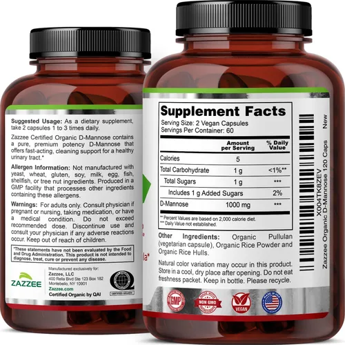 Miniatura 9 de Zazzee D-manosa orgánica USDA, 1000 mg por porción, 120 cápsulas veganas, suministro de 2 meses, sin OMG, soporte para el tracto urinario
