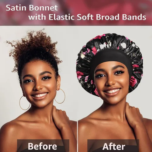 Miniatura 3 de vidsel 4 gorros de satén para mujer, gorro de seda para dormir, gorra de dormir de banda ancha para trenzas de cabello rizado
