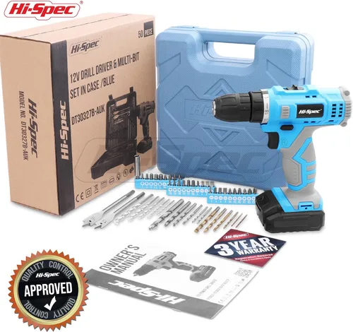Miniatura 7 de Hi-Spec Juego de taladro inalámbrico de 50 piezas de 12 V en una caja de herramientas. Incluye batería recargable, puntas de destornillador