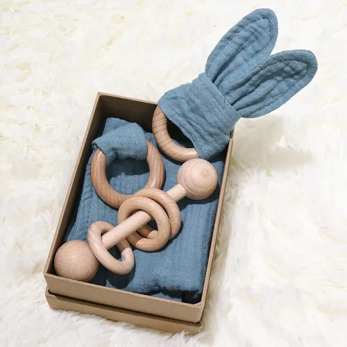 Baby Lovey, sonajero de madera, anillo de mordedor, paquete de 3 unidades, regalo Montessori, azul marino, algodón, gasa doble, baby shower, regalo