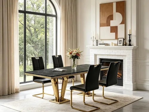 Miniatura 15 de 5 Piece Black Marble Dining Table Set for 4, Modern Faux Marble Kitchen Dining Room Tables with 4 Leather Chairs Set, 68.11" Luxury Rectangular