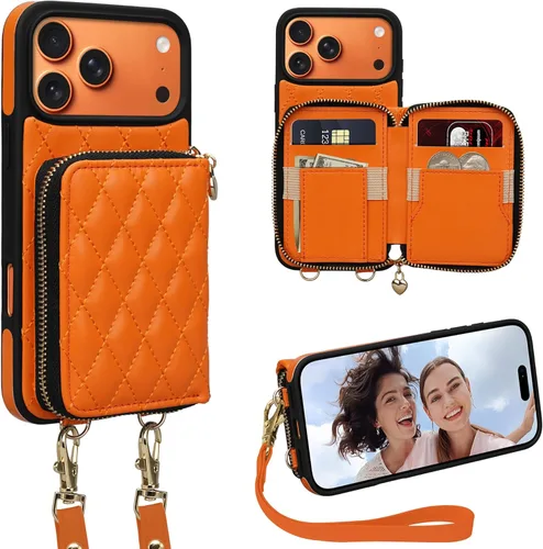 Miniatura 48 de Funda tipo cartera para iPhone 15 de 6.1 pulgadas, bolso cruzado con cremallera y correa para la muñeca con cordón para mujer, tarjetero con bloqueo