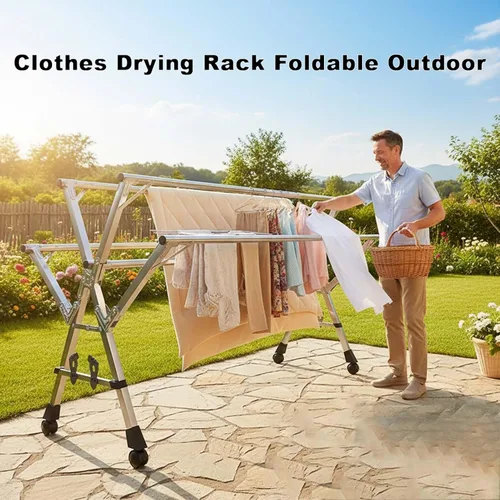 Miniatura 4 de This Foldable Stainless Steel Clothes Rack, Telescopic Laundry Drying Hanger, Expandable Folding Garment Rack for Indoor Outdoor, Space-Saving Heavy