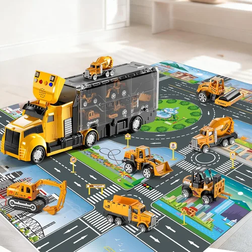 Miniatura 2 de NIPLOOOW Juego de juguetes de camiones de construcción con alfombra de juego, juego de vehículos de transporte de camiones para niños de 3, 4, 5 y 6