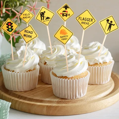 Miniatura 4 de Outus 100 piezas de decoración para cupcakes de construcción, letreros de tráfico, decoración de tartas de cumpleaños, decoración de cupcakes