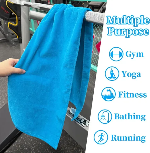 Miniatura 5 de Juego de 2 toallas deportivas de algodón para gimnasio, 12 x 45 pulgadas, absorbentes, transpirables, de 430 GSM, suaves, toalla deportiva para Azul