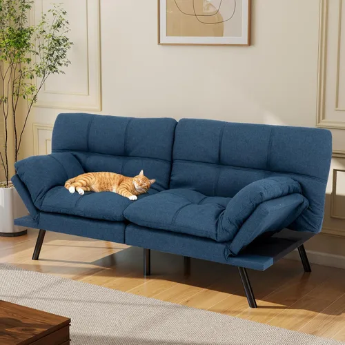 Miniatura 11 de Opoiar Sofá cama tipo futón de cuero negro convertible con espuma viscoelástica, juego de futón plegable y moderno para estudio, Drom, apartamento
