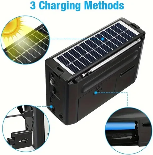 Miniatura 4 de Radio solar portátil, bandas AM/FM/SW, altavoz digital con fuerte recepción, luces LED, carga USB, batería desmontable para acampar y montañismo al