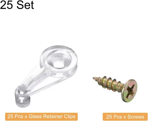 Miniatura 3 de uxcell Juego de 25 clips de retención de vidrio, clips de vidrio de plástico de 0.984 in con tornillos para fijar puertas de gabinete de vidrio