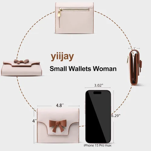 Miniatura 4 de yiijay Cartera pequeña para mujer, lindo lazo con bloqueo RFID, plegable, de cuero, tarjetero, compacto, con bolsillo con cremallera