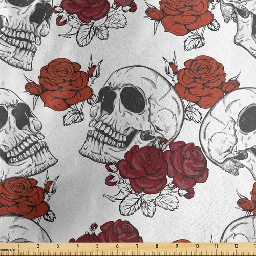 Miniatura 116 de Ambesonne The Yard, tela de calavera colorida con temática de Halloween, diseño de calavera y huesos cruzados, divertido estampado de dibujos