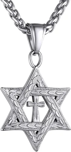 GOLDCHIC JEWELRY David Star Necklace for Men, Stainless Steel Cross Pendant Jewish Israel Jewelry with Water Wave Chain
