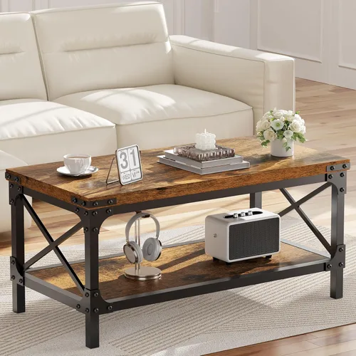 Miniatura 9 de Mesa de café rectangular para sala de estar, mesa de café rectangular de madera, mesa central moderna de 2 niveles de color marrón oscuro con Nogal
