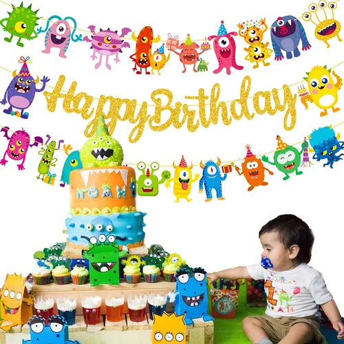 Miniatura 5 de Cartel de monstruo de feliz cumpleaños, suministros de fiesta de cumpleaños con purpurina para niños, tema de monstruo pequeño, baby shower