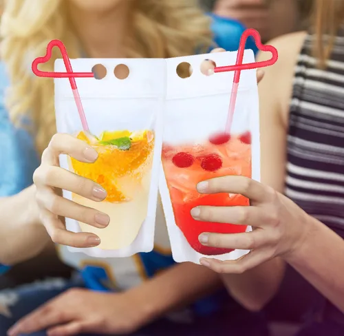 Miniatura 7 de 20 bolsas de bebidas con 20 popotes de plástico desechables, bolsas de jugo translúcidas con cierre de cremallera esmeriladas para adultos