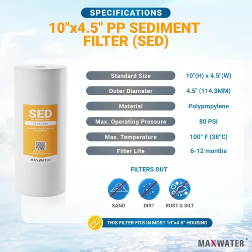 Miniatura 2 de Max Water Cartucho de filtro de agua de repuesto para toda la casa de 1 micrón, 10 x 4.5 pulgadas, compatible con DGD-5005, AP810, WFHD13001B