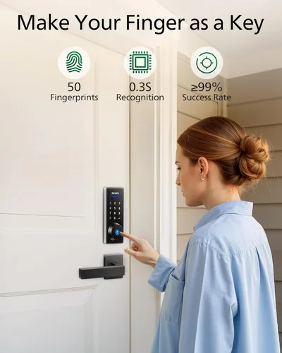 Miniatura 2 de Philips Cerradura de puerta electrónica de huellas dactilares, cerradura de puerta de entrada sin llave con pantalla táctil, batería de larga Níquel