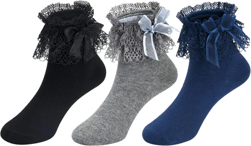 Miniatura 3 de Calcetines con volantes para niñas pequeñas, calcetines de encaje con lazo, 6 pares