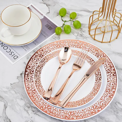 Miniatura 3 de Juego de vajilla desechable de plástico color oro rosa de 210 piezas: 30 platos de cena y 30 platos de postre y 30 tazas y 30 servilletas de papel