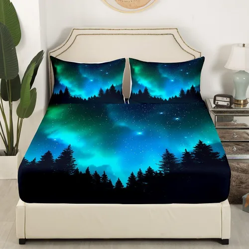 Miniatura 3 de Erosebridal Juego de sábanas de tamaño individual de galaxia con luces polares verde azulado para niños, noche oscura, cielo estrellado, sábana