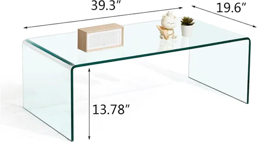 Miniatura 3 de Mesa de café de vidrio SMARTIK, mesas de café modernas transparentes para sala de estar, pequeña mesa rectangular de vidrio templado en cascada