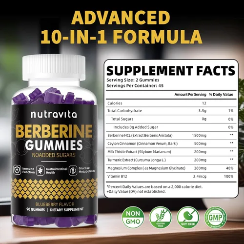 Miniatura 2 de Nutravita Gomitas de berberina con canela de Ceilán, 1500 mg de berberina de alta potencia, suplemento para apoyo inmunológico y metabolismo