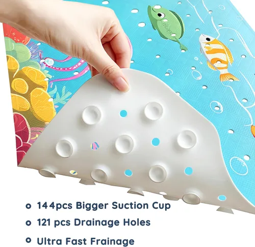 Miniatura 5 de LNOND Alfombra de baño para niños, tapete antideslizante de ballenas azules, con orificios de drenaje y ventosas, lavable a máquina
