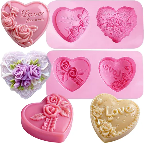 Miniatura 8 de Moldes de silicona con forma de corazón, 4 moldes de jabón en forma de corazón, moldes de chocolate para hacer jabón, dulces, pasteles, velas, Rosa-B