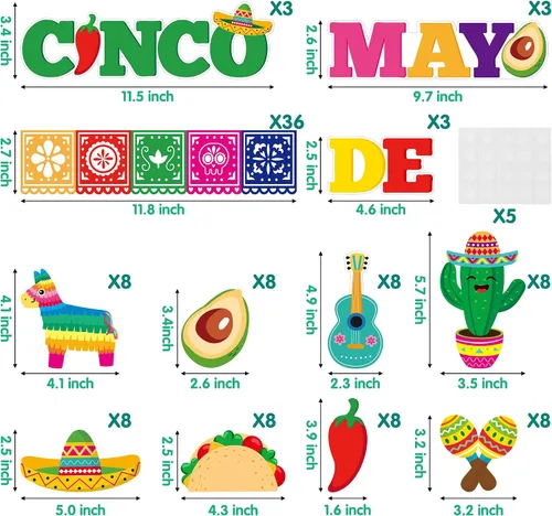 Miniatura 2 de Juego de 82 piezas de decoración de tablón de anuncios del Cinco de Mayo, fiesta mexicana, papel picado, bandera, bordes, tacos de México, llama
