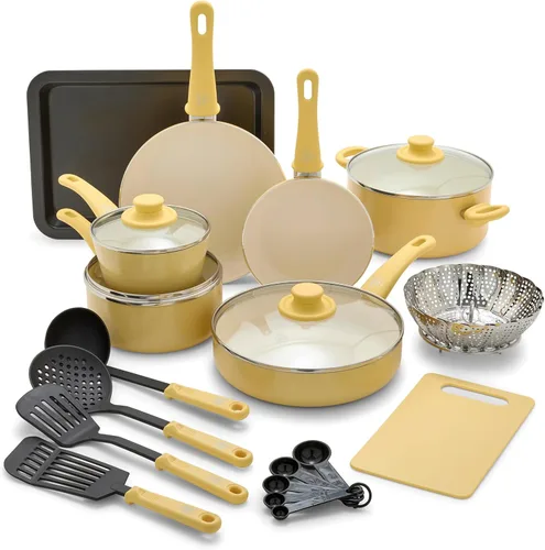 GreenLife Soft Grip - Juego de utensilios de cocina antiadherentes de cerámica saludable de 18 piezas, ollas y sartenes para freír y saltear, sin