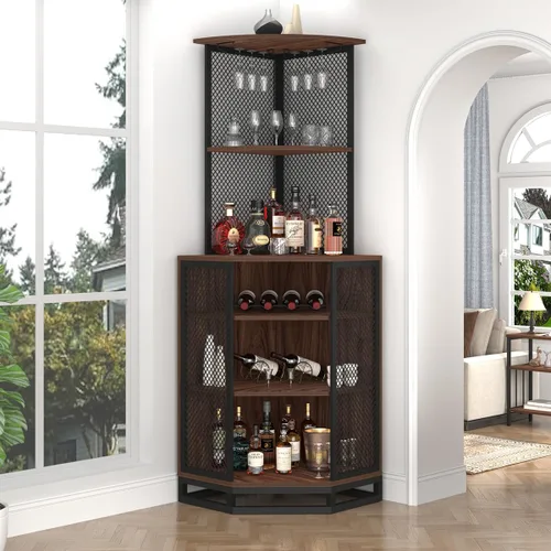 Miniatura 12 de IBF Armario esquinero de 71 pulgadas de alto para vino con soporte para vidrio, almacenamiento de licor industrial de 5 niveles con estante