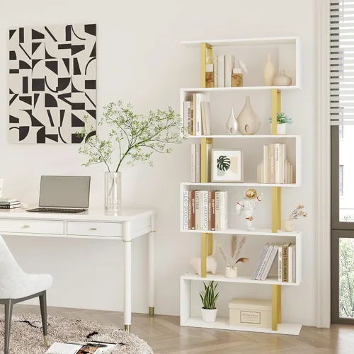 Miniatura 4 de Yusong Estantería Geométrica, Estantería en Forma de S de 6 Niveles para Dormitorio, Estante Decorativo de Exhibición de Madera Moderna, Estantería