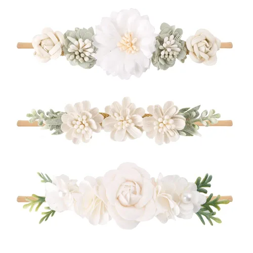 Miniatura 16 de cherrboll 3 diademas de flores para bebé, súper suaves y elásticas, de nailon, para recién nacidas Rosa (Rose Bloom)